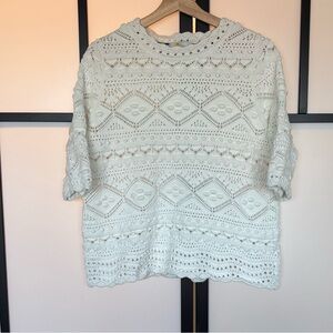 Boden Women Chunky Knit Crochet Sweater Top Cotton Ivory SZ 10 US Coastal Preppy